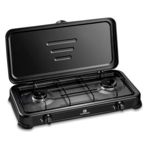 Fogão a gás portátil 2 bocas 2600w preto tampa placa de cozimento kemper