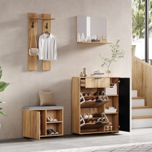 Mueble recibidor zapatero banco espejo 4 puertas natural negro 139x140x35cm
