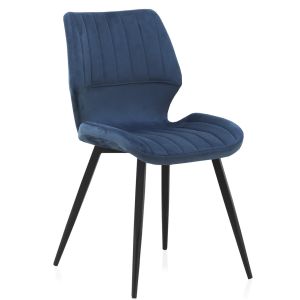 Set de 2 sillas tapizadas terciopelo azul, patas metal negro, 55x46x84cm