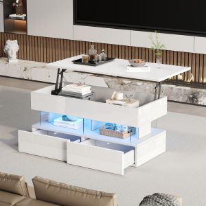 Mesa de centro elevable con LED 2 cajones blanco 46x100x50cm