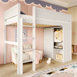 Cama alta,90x200cm,madera de pino,blanca.