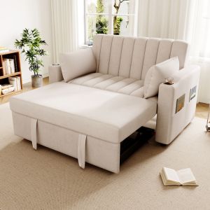 Sofá cama 2 plazas convertible algodón lino beige con respaldo ajustable