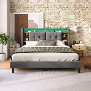 Cama 160x200cm con cabecero con almacenaje usb LED gris