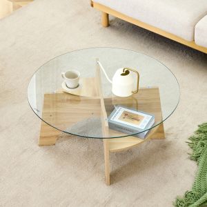 Mesa de centro redonda cristal y madera natural ø80x36cm