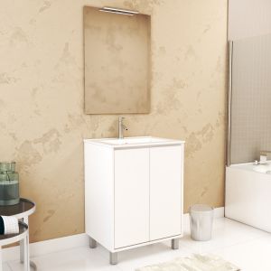 Pack mueble baño 60 cm blanco lacado 2 puertas. Lavabo. Espejo 60x80
