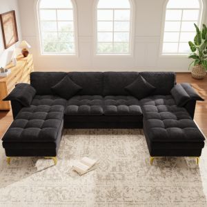 Sofá modular en u chenilla negro 4-5 plazas con doble chaise longue