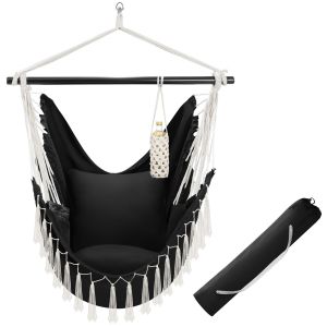 Silla colgante bohemia cojines gruesos, carga de 150 kg y bolsa, negro