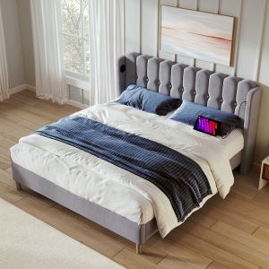 Cama tapizada 180x200 cm con cabecero panel y carga usb tipo c lino – gris