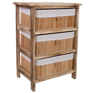 Cajonera marrón de madera con 3 cajones de bambú forrados 40x29x58 cm