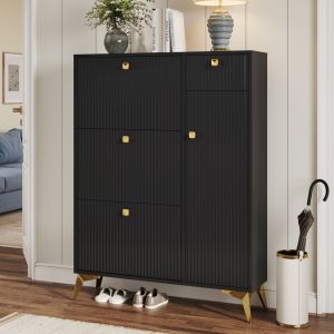 Zapatero estrecho con 3 puertas abatibles cajón y puerta negro 121x90x25cm