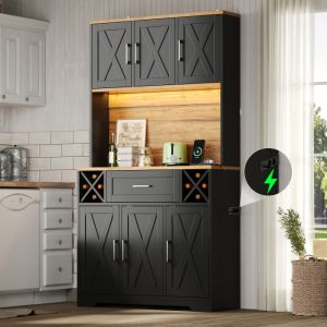 Armario alto de cocina con luz LED y botellero natural negro 180x105x40cm