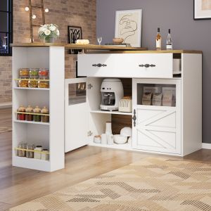 Isla de cocina extensible giratoria con almacenaje blanco 104x138-204x39cm