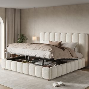 Cama tapizada 180x200cm con canapé hidráulico y cabecero bouclé – blanco
