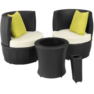 Conjunto de ratán y aluminio, 2 sillones, 1 mesa, 1 florero, negro