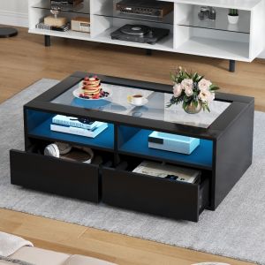 Mesa de centro con LED vidrio y 2 cajones negro 35x100x50cm