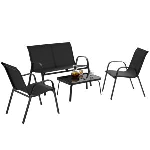 Conjunto de jardín, 4 personas, 2 sillas con banco y mesa, negro