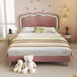 Cama tapizada 140x200cm con cabecero LED ajustable terciopelo – rosa