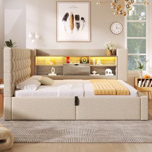 Cama tapizada,90×190,hidráulica,somier de láminas,beige