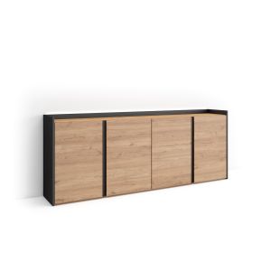 Aparador, 207x35x80cm para salón, roble y negro, LED rf4638