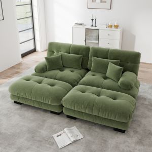 Sofá modular de chenilla verde con 2 otomanas y brazos anchos