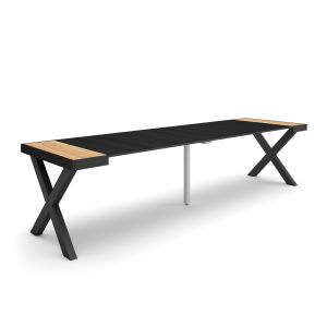 Mesa extensible, 58/302x90x73cm, roble y negro, patas madera maciza rf2836
