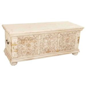 Baúl de madera tallada acabado artesanal beige 103x40x43h cm