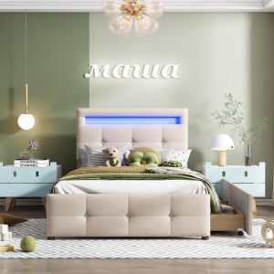 Cama infantil 90x200cm beige con LED, 2 cajones y cabecero ajustable