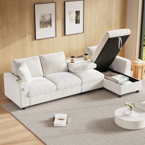 Sofá cama en l chenilla beige 4 plazas mesa plegable almacenaje usb