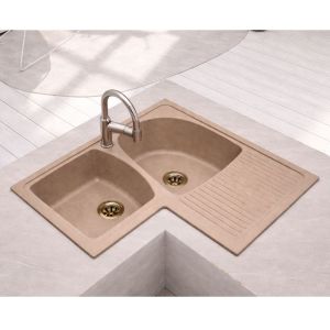 Fregadero angular dédalo 2 senos 82,6x82,6 resina arcilla mueble 90 cm