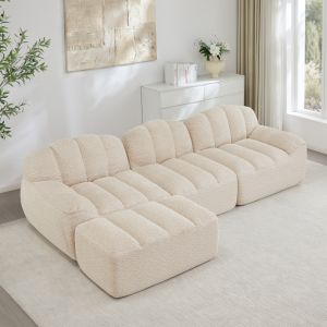 Sofá modular en l 3 plazas otomana forro polar beige blanco