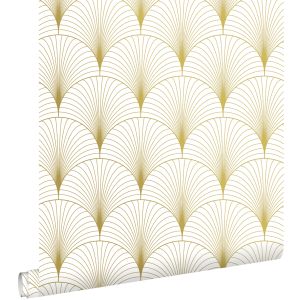 Estahome papel pintado arte deco blanco y oro 53 cm x 10.05 m