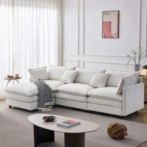 Sofá en l modular de chenilla beige 3 plazas con chaise longue y otomana