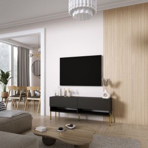 Mueble tv contemporáneo - negro mate - patas doradas - 140 x 32 x 52 cm