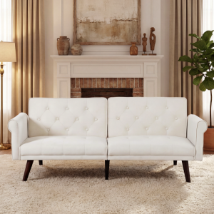 Sofá cama 2 plazas beige con respaldo ajustable y diseño plegable