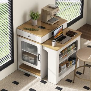 Isla de cocina con mesa extensible y enchufes blanco natural 92x80x71-151cm