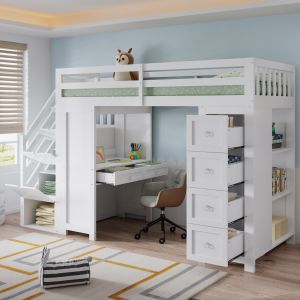 Cama alta 90x200cm con escritorio y espacios de almacenaje