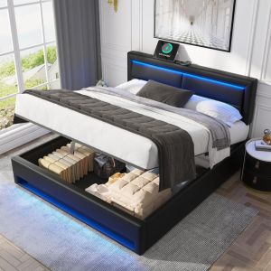 Cama tapizada 140x190cm LED 12 colores, carga usb, negro