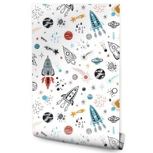 Papel Pintado Con Cohetes Cosmos Planetas Y Sol Para Niños 53cm x 10m