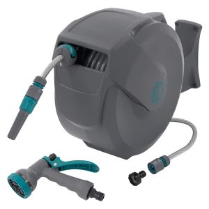 Carrete de manguera extensible 20m PVC gris con bloqueo y 9 funciones