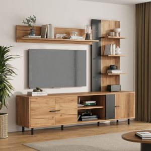 Mueble de tv con 3 armarios y estantes abiertos negro madera 167x187,5x40cm