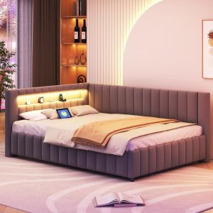 Sofá cama capitonado 140x200cm con LED usb gris