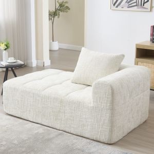 Sofá chaise longue en chenilla beige de 2 plazas con bolsillos laterales