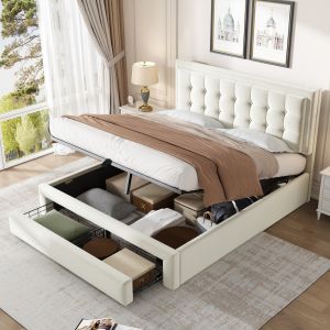 Cama tapizada 140x190cm con canapé hidráulico y cajones terciopelo – beige