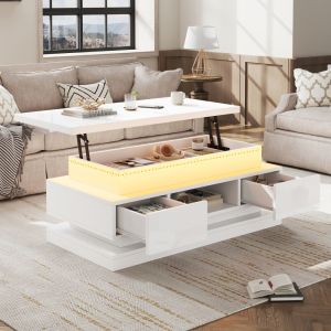 Mesa de centro elevable con LED y 2 cajones blanco 40x100x50cm