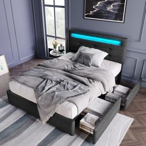 Cama individual 90x200cm con LED y 2 cajones gris