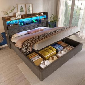 Cama 140x190cm con arcón hidráulico, LED multicolor, 4 puertos, gris