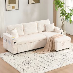 Sofá cama chaise longue pana beige 3 plazas con almacenaje y carga usb c