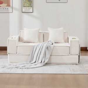 Sofá modular de 2 plazas de pana beige con 2 cojines y bolsillos laterales