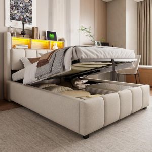 Cama infantil con LED, usb-c, almacenaje hidráulico 90x200cm beige