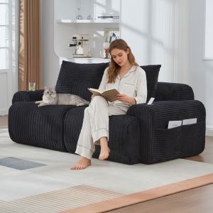 Sofá modular de pana negro 2 plazas con portavasos y bolsillo lateral